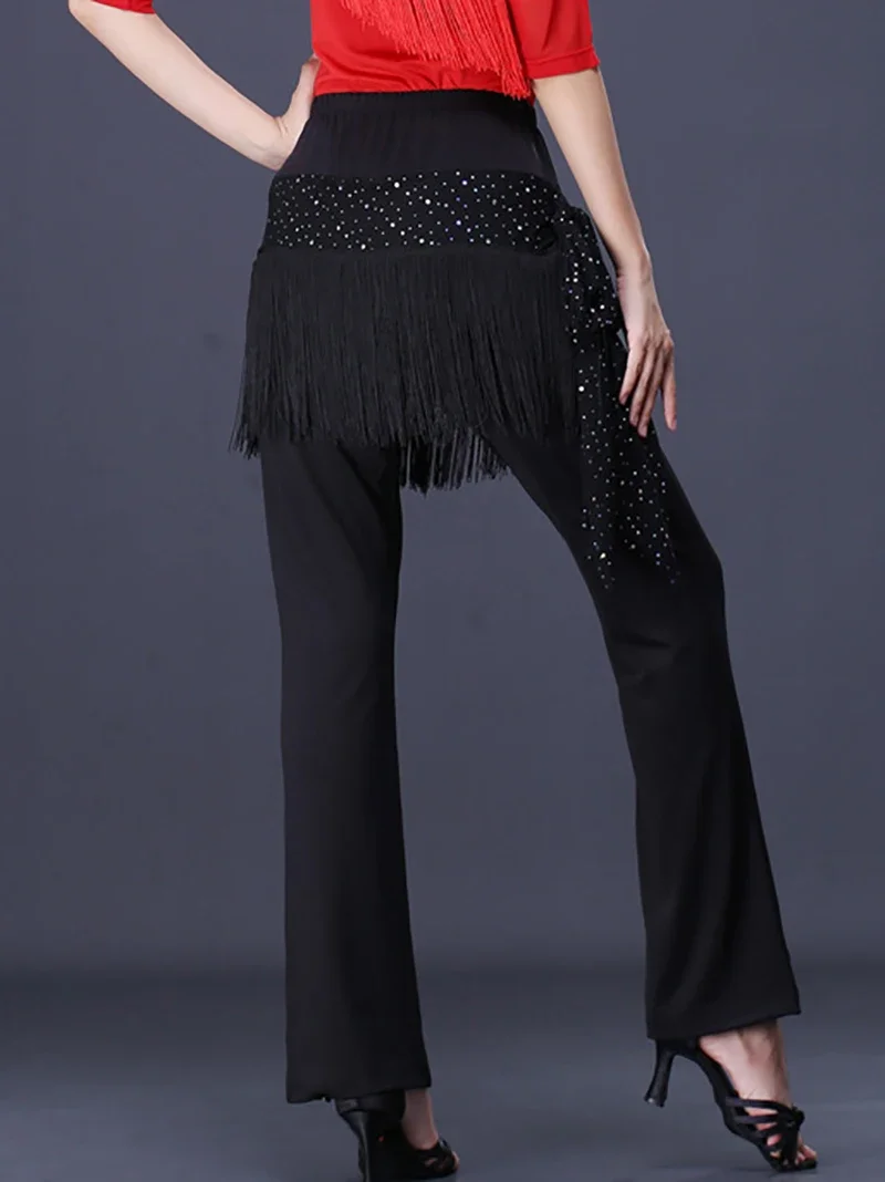 Women Latin Dance Costume Sequin Tassel Long Pants Square Sailor Dancewear Trousers Standard Ballroom Dresses for Female