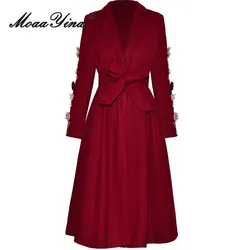 MoaaYina Autumn and Winter Women's Coat Single-breasted Unique Appliques Design Lace-Up Slim Long Sleeved Fashion Overcoat