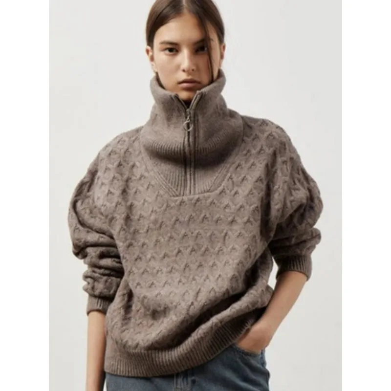 سترة متماسكة برقبة عالية نصف سحاب للنساء، نسيج كابل سميك، تصميم مريح بأكمام طويلة، ملابس شارع للخريف والشتاء #6