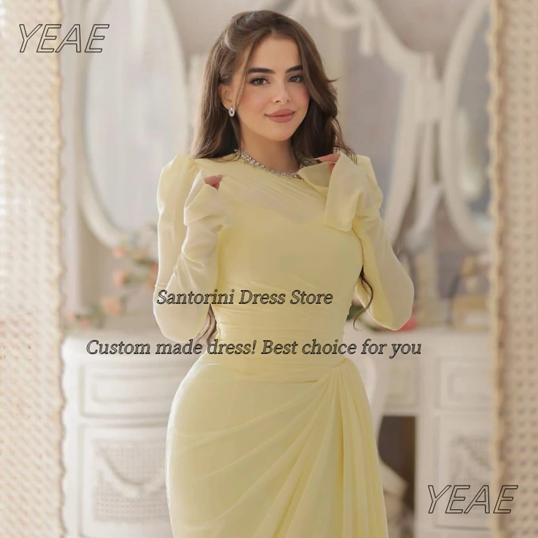 Santorini Evening Dresses Saudi Women Wear Long Sleeves Prom Dress Ruched Sweep Train Vestidos Des Noches Customized