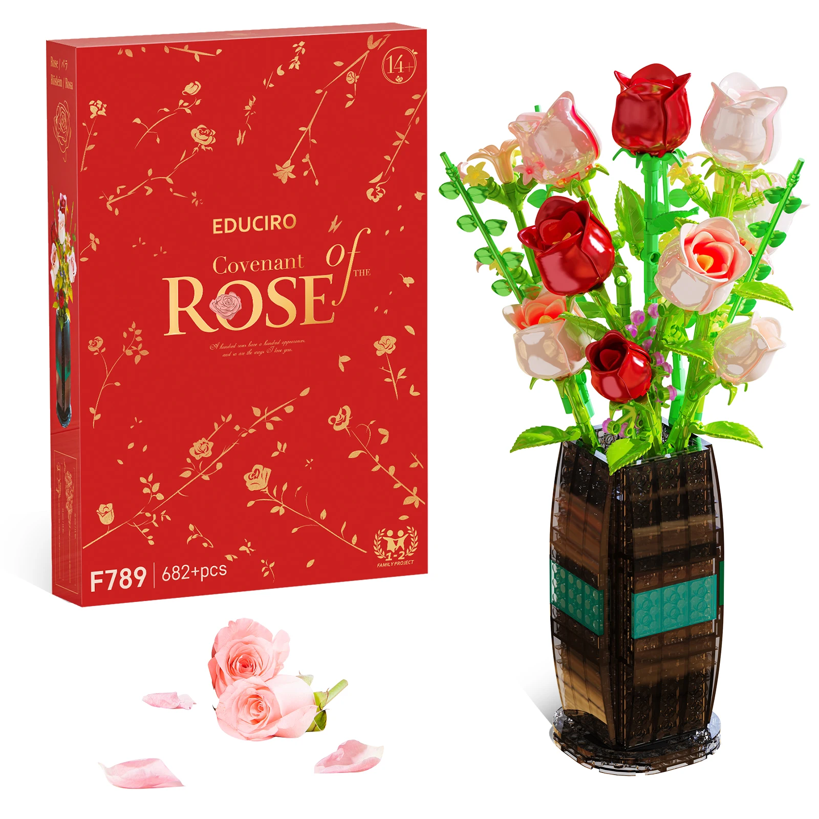 

DIY Creative Exquisite Rose Flower Building Block Set with Building Block Vase Home Christmas Decoration Valentine's Day Gift Birthday Girl Gift Romantic