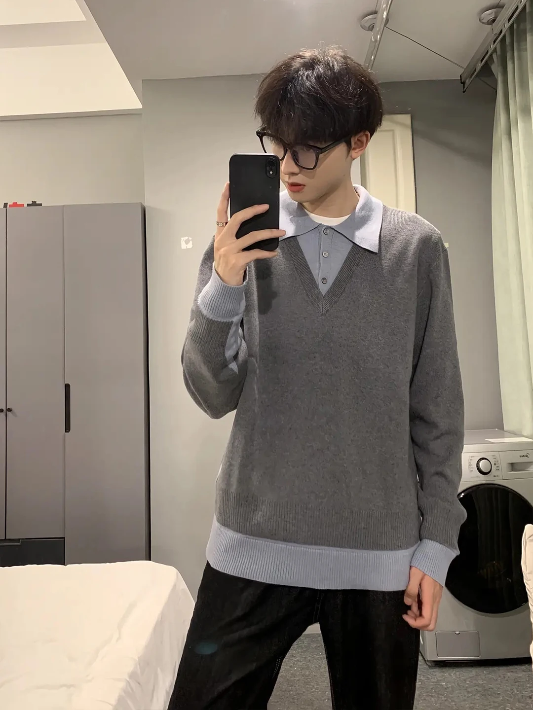 

Loose Fit Ne Knitwear Fake Two-Piece Set Men's Sle Autumn Casual Comfortable Base Layer irt Vintage Sle Polyeste...