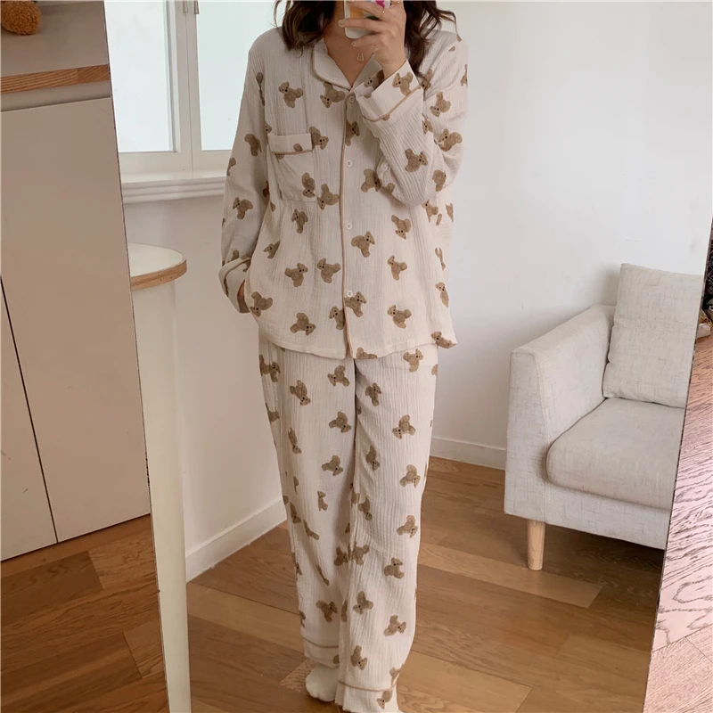 Couple Lovers Kawaii Cotton Autumn Pajamas Set Women Korean Casual Cotton Two Piece Set Home Suit Sleepwear Pockets Vintage