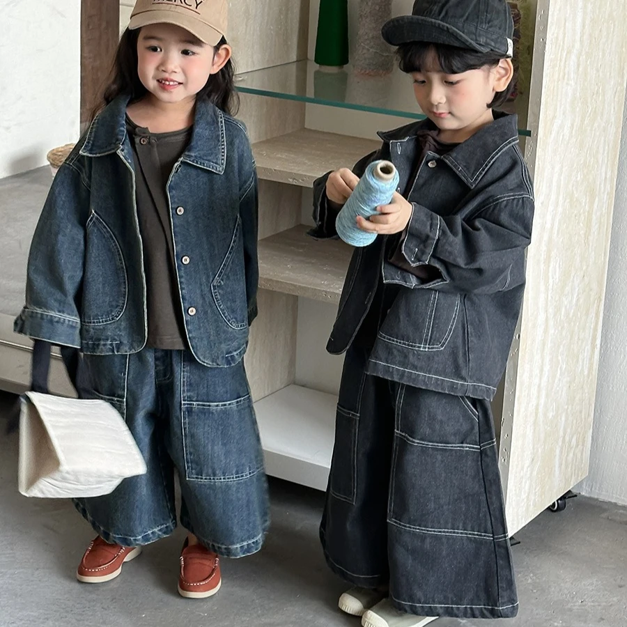 

Set 2026 Spring and Summer New Childrens Wear Korean Style Boys and Girls Clear Line Denim Shirt Flared Wide Leg Pants Two Sets