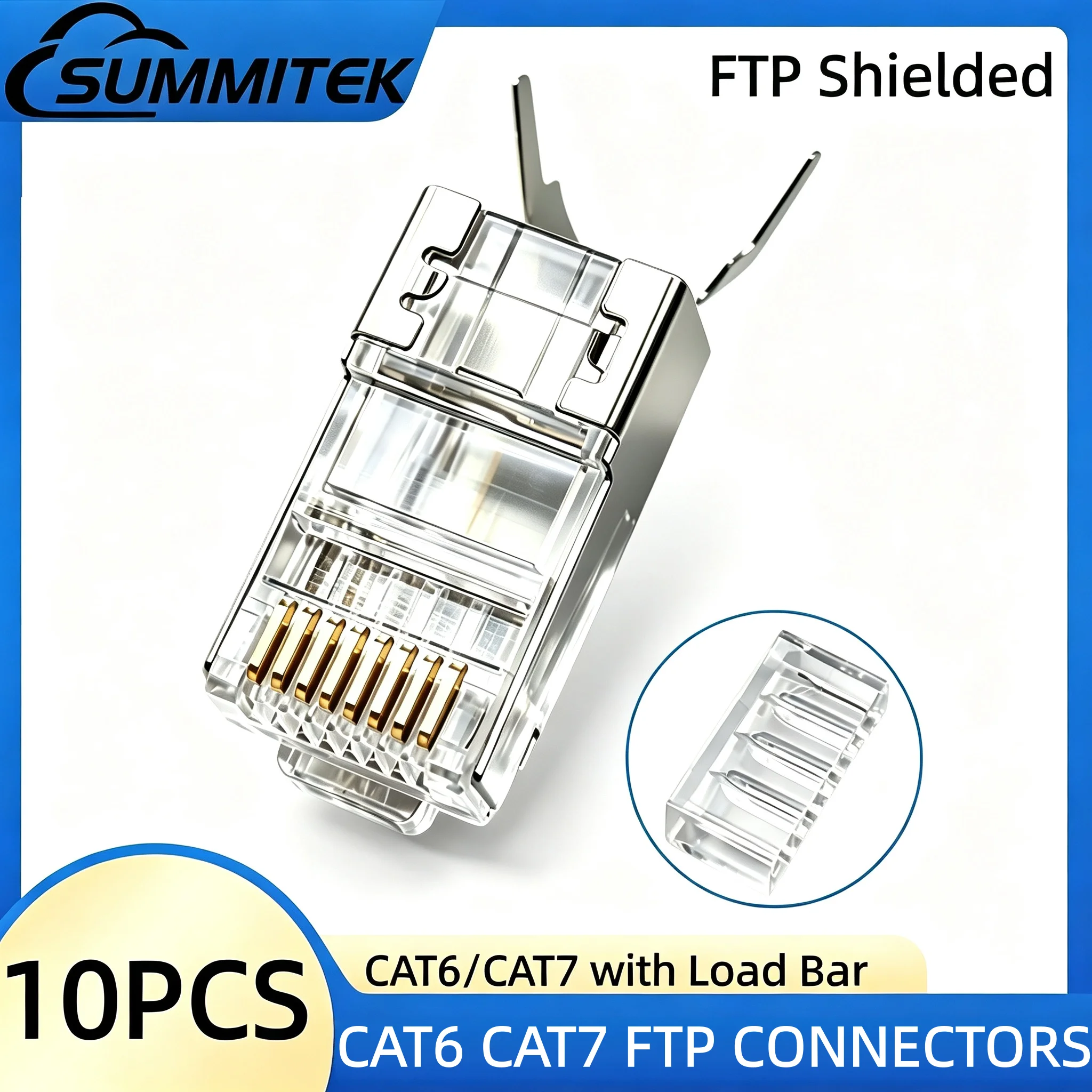 SUMMITEK 10/50/100PCS RJ45 Cat7 Cat6 Shielded Connectors Crystal End Gold-Plated 8P8C Crimp Ethernet Modular Plug With Load Bar
