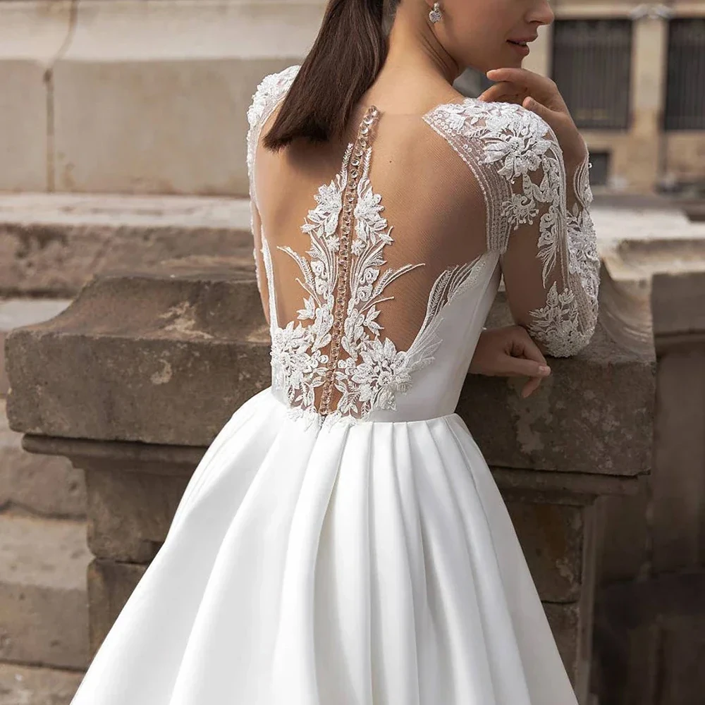 Maßgeschneiderte Brautkleider mit langen Ärmeln, A-Linie, Brautkleid, Applikation, Spitze, Satin, bodenlang, offener Rücken, Illusion, Vestido de Novia