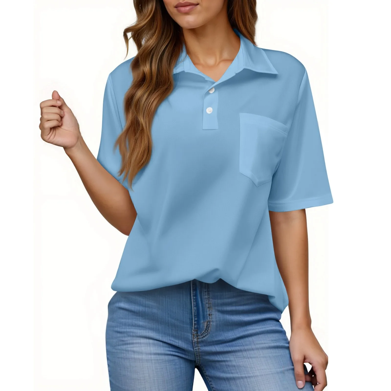 

2025 Polo Shirts Woman Women'S Fashion Casual Button Pocket Shirt Short Sleeve Solid Color Lapel Top Solid Color Clothing Female