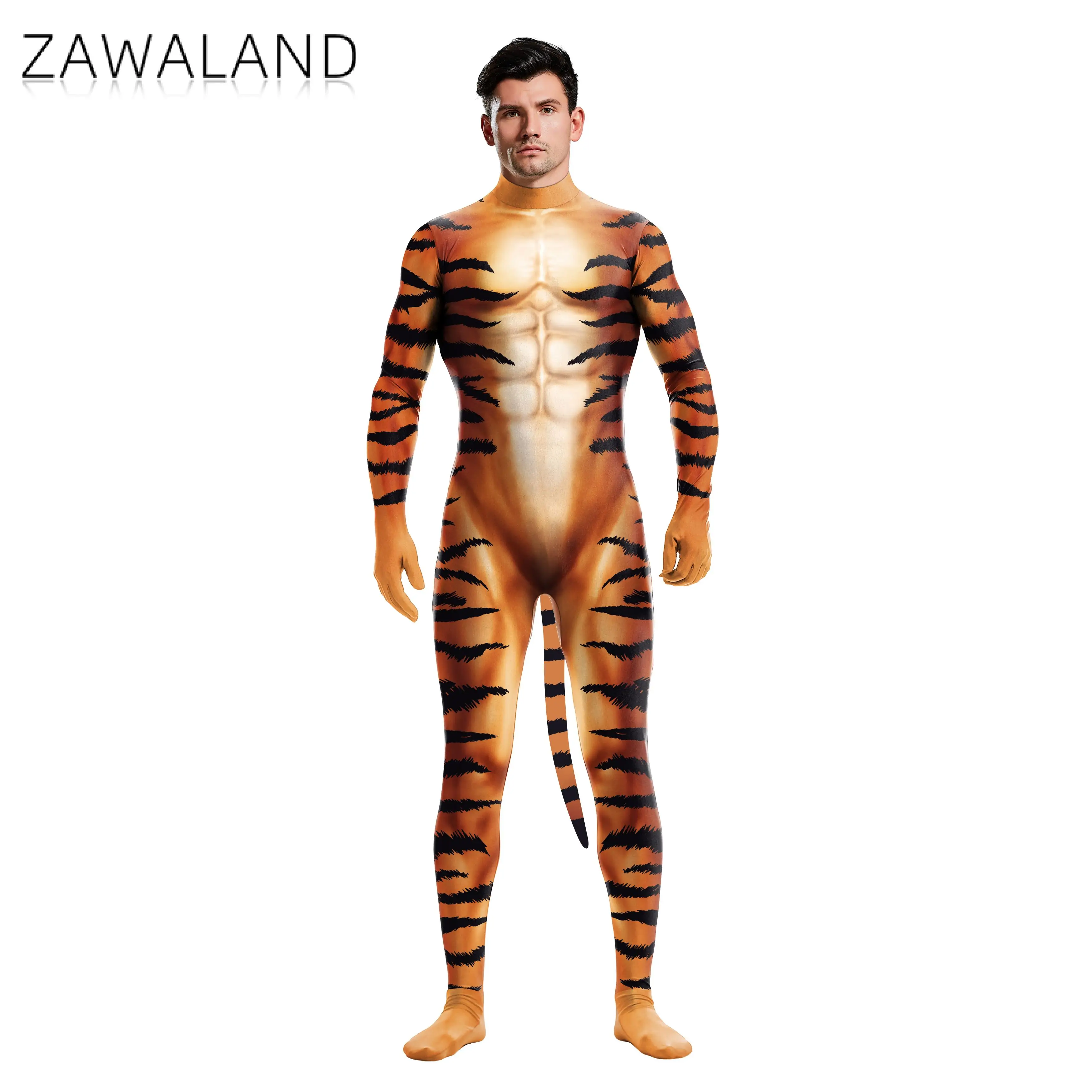 Zawaland disfraz de cubierta completa con estampado de ropa de Cosplay creativa para adultos, disfraz de fiesta de Carnaval con cola, Catsuit de Spandex de lujo para hombres