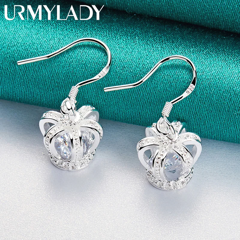 URMYLADY 925 Sterling Silver Crown Zircon Earrings Drop Earrings For Women Fashion Charm Wedding Engagement Jewelry