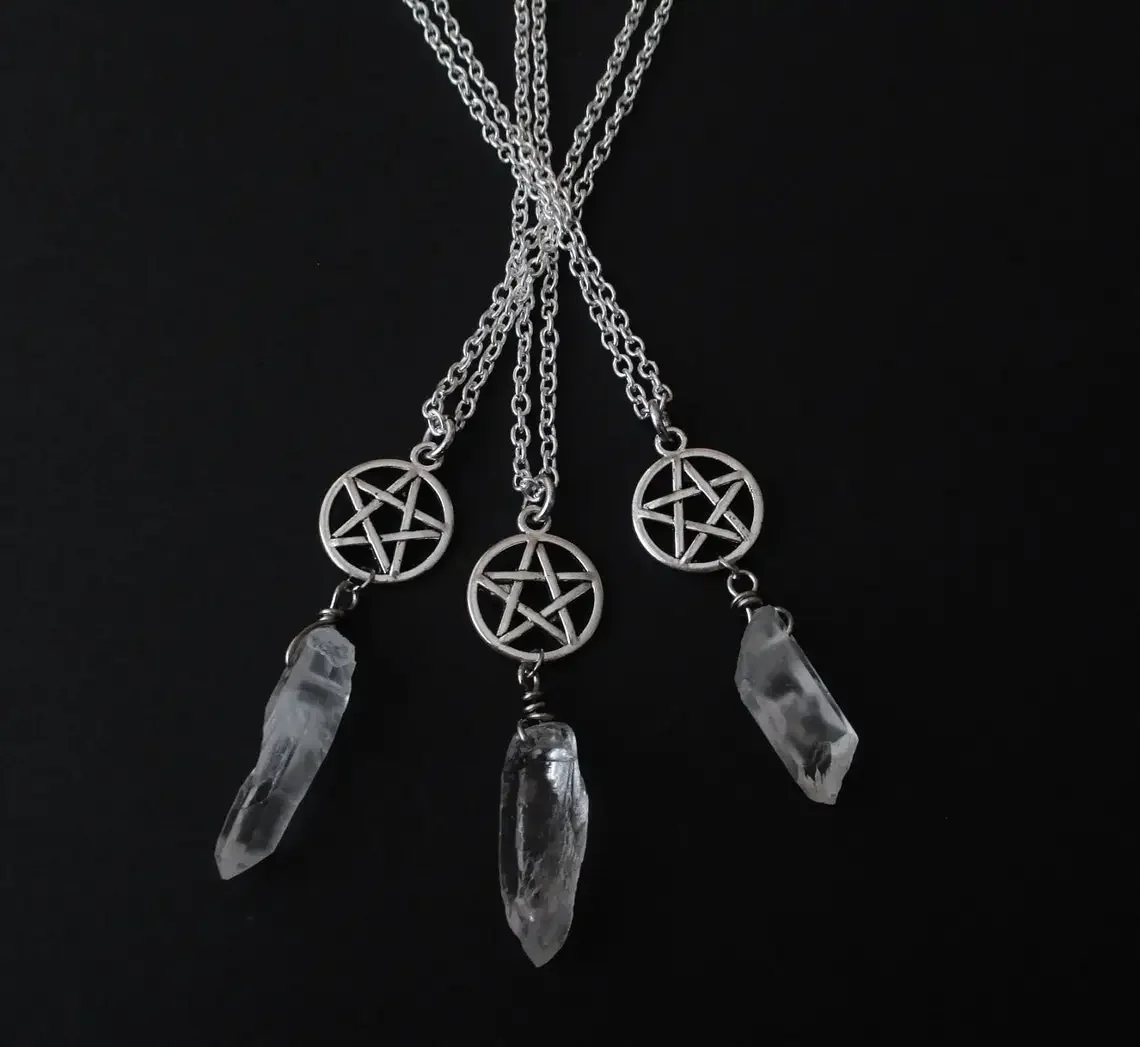 1Pcs Goth Transparent Irregular Quartz Crystal and Pentacle Necklace Jewelry