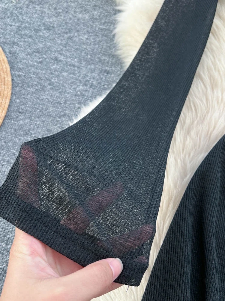 فستان Foamlina مثير بدون ظهر نحيف ماكسي أنيق ومنظور شفاف لقضاء عطلة الشاطئ للنساء، فستان سادة بأكمام طويلة