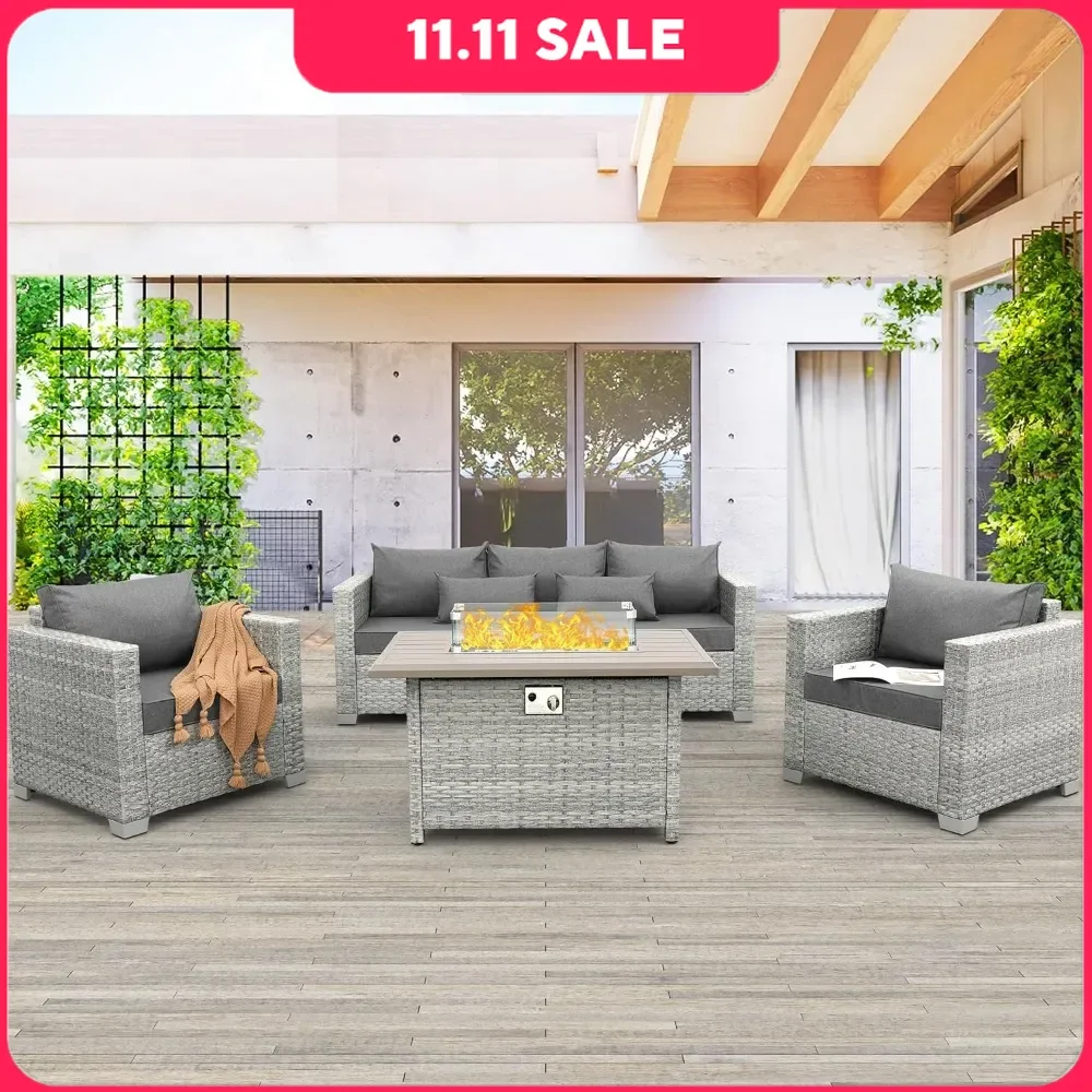 Fire Pit Table Outdoor Furniture Set 4 Piece Wicker Furniture Patio Conversation Sets PE Rattan Chairs Couch Sectional Sofa