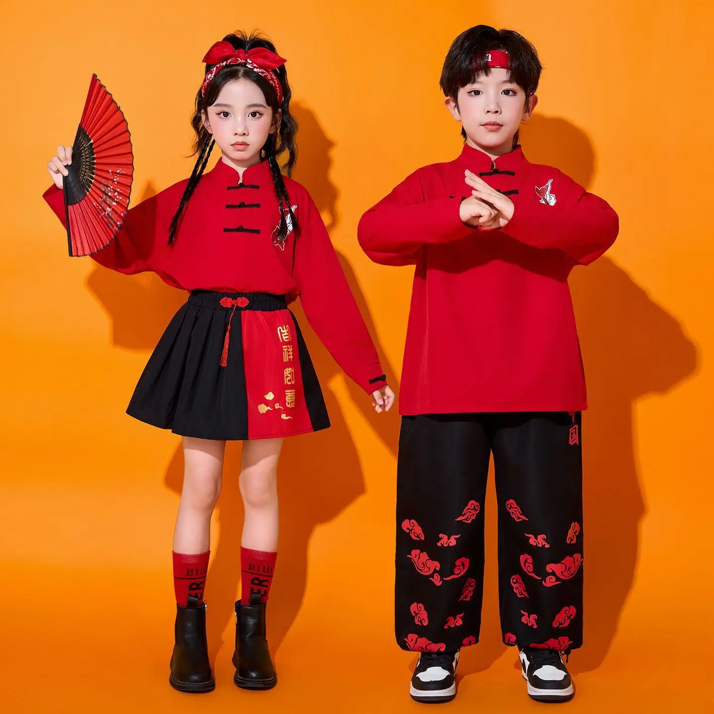 Kids Chinese Style Cheerleading Costume Hanfu Class Uniform for Primary Students Sports Ceremony Performance Wear