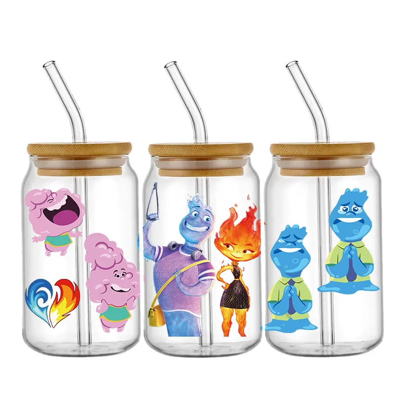 3D Disney Elements 16oz UV DTF Cup Wrap Transfer Sticker Cartoon For Bottle Libbey Glass Plastic Can Permanent Self-adhesive DIY