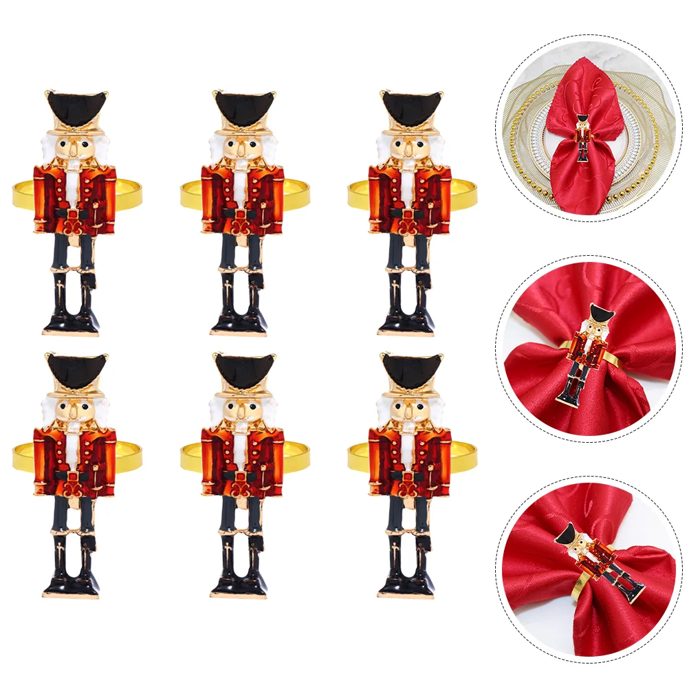 6 Pcs Walnut Soldier Napkin Buttons Holiday Party Decoration 6pcs Black Rings Leaf Nutcracker Buckle Metal Adornment Banquet