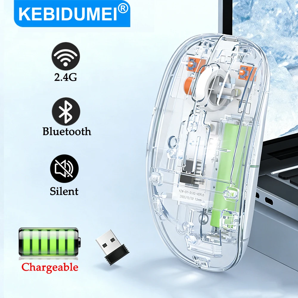 KEBIDUMEI Wireless Mouse Dual Mode Bluetooth Mouse 500mAh Rechargeable Silent Mouse Transparent Office Mice for Laptop Macbook