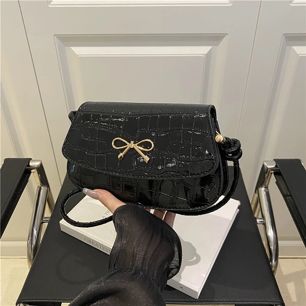 Bolso con lazo a la moda para mujer, bolso de charol con diseño de piedra, bolsos de un solo hombro, bolso cruzado versátil para ir al trabajo Simple 2025