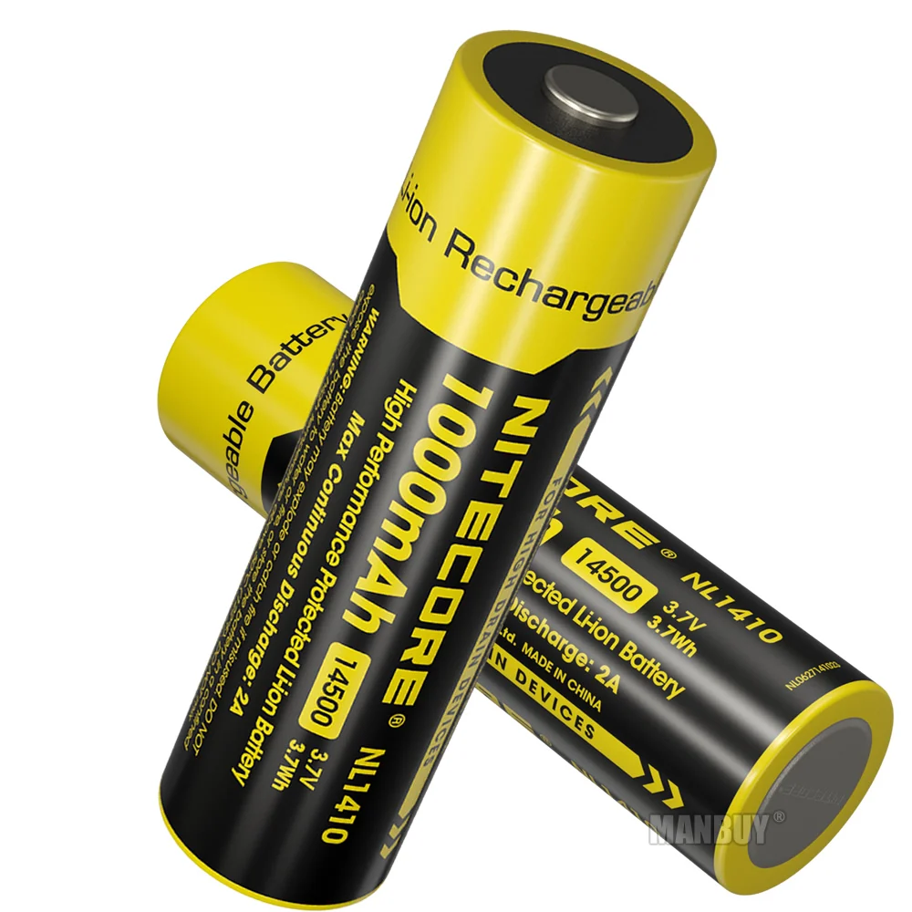 NITECORE NL1410 14500 Li-on Battery 1000mAh 3.7V 3.7Wh Protected Lithium Rechargeable Max 2A 500 Times Charge-discharge Cycles