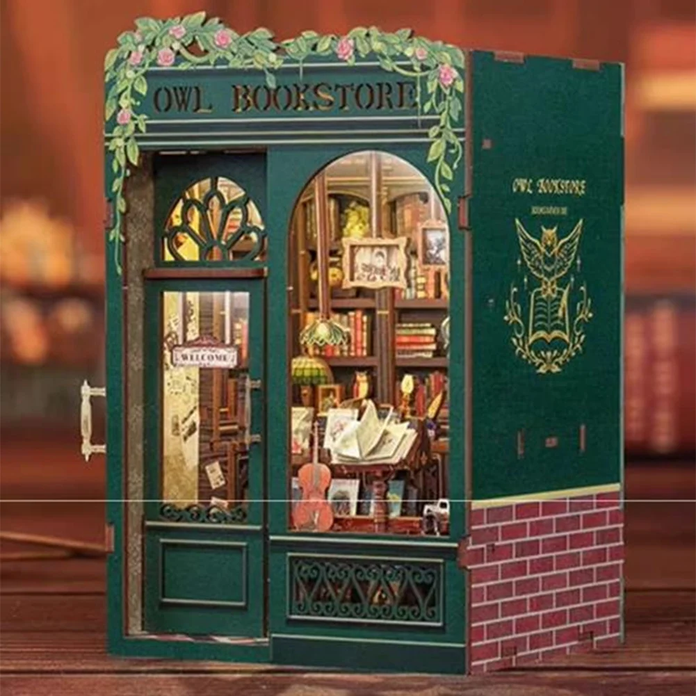 DIY Book Nook Owl Bookstore Kit, 3D Wooden Puzzle Bookend for Bookshelf Decor, with Light Model Kits for Adults