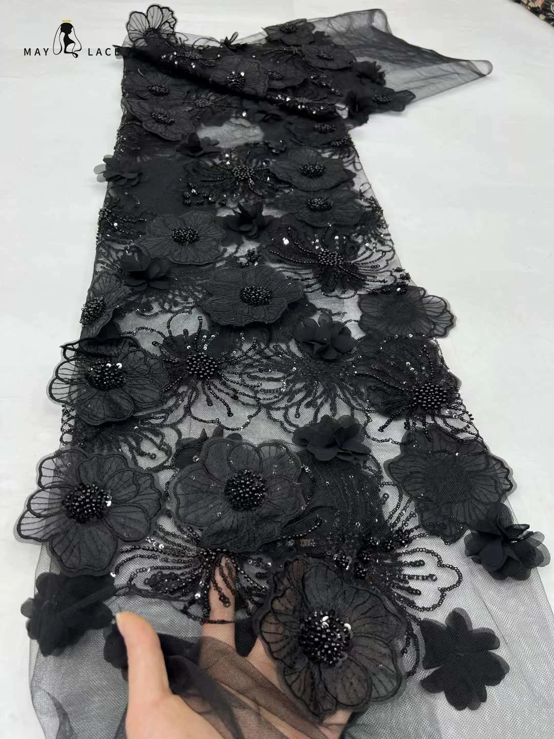 Black 3D Flower African Sequins Lace Fabrics 2024 High Quality Embroidery French Nigerian Lace Fabric For Wedding Dress Sewing