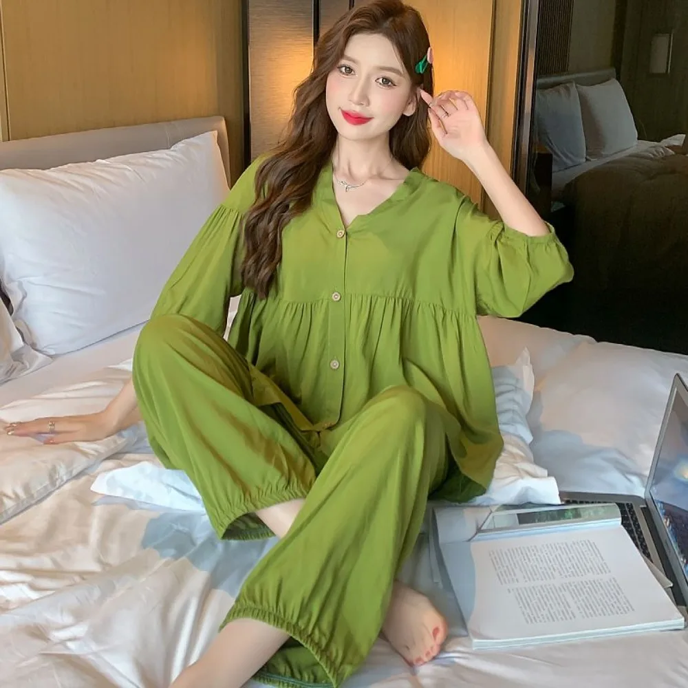 2023 New Cotton Silk Summer Pajamas Suit Plus Size Loose Ladies Home Clothes Two-piece Casual Style Thin