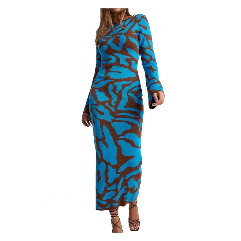 Fall Winter Women Dress Color Matching Waved Print Round Neck Long Sleeve Slim Fit Thick Warm Soft Ankle Length Maxi Dress