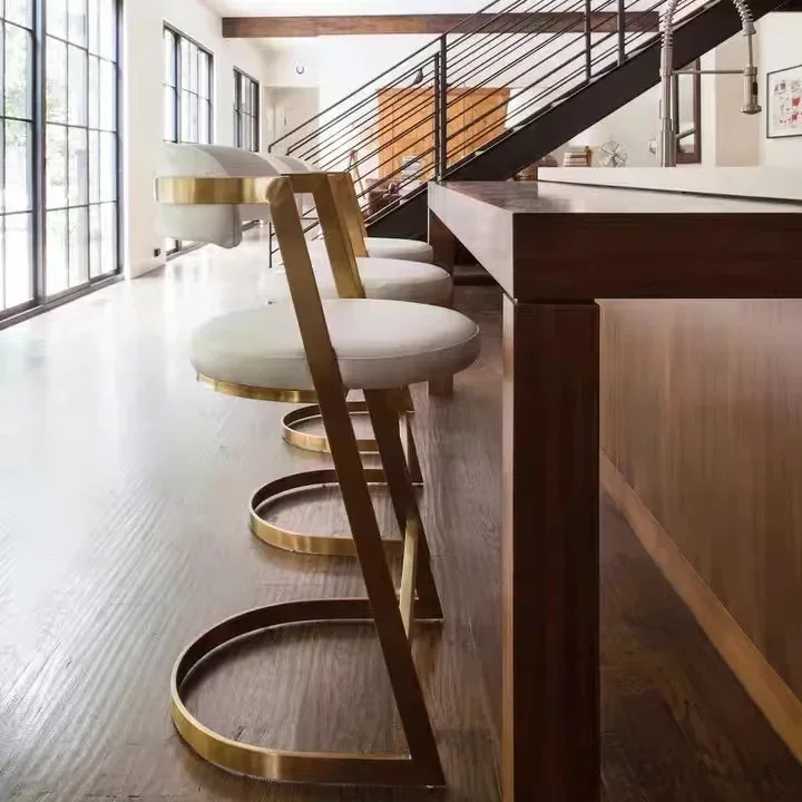 

-Contemporary Modern Luxury Leather Bar Stool Creative High Chair Metal Frame Home Kitchen Bistro Restaurant Living Room Hotel