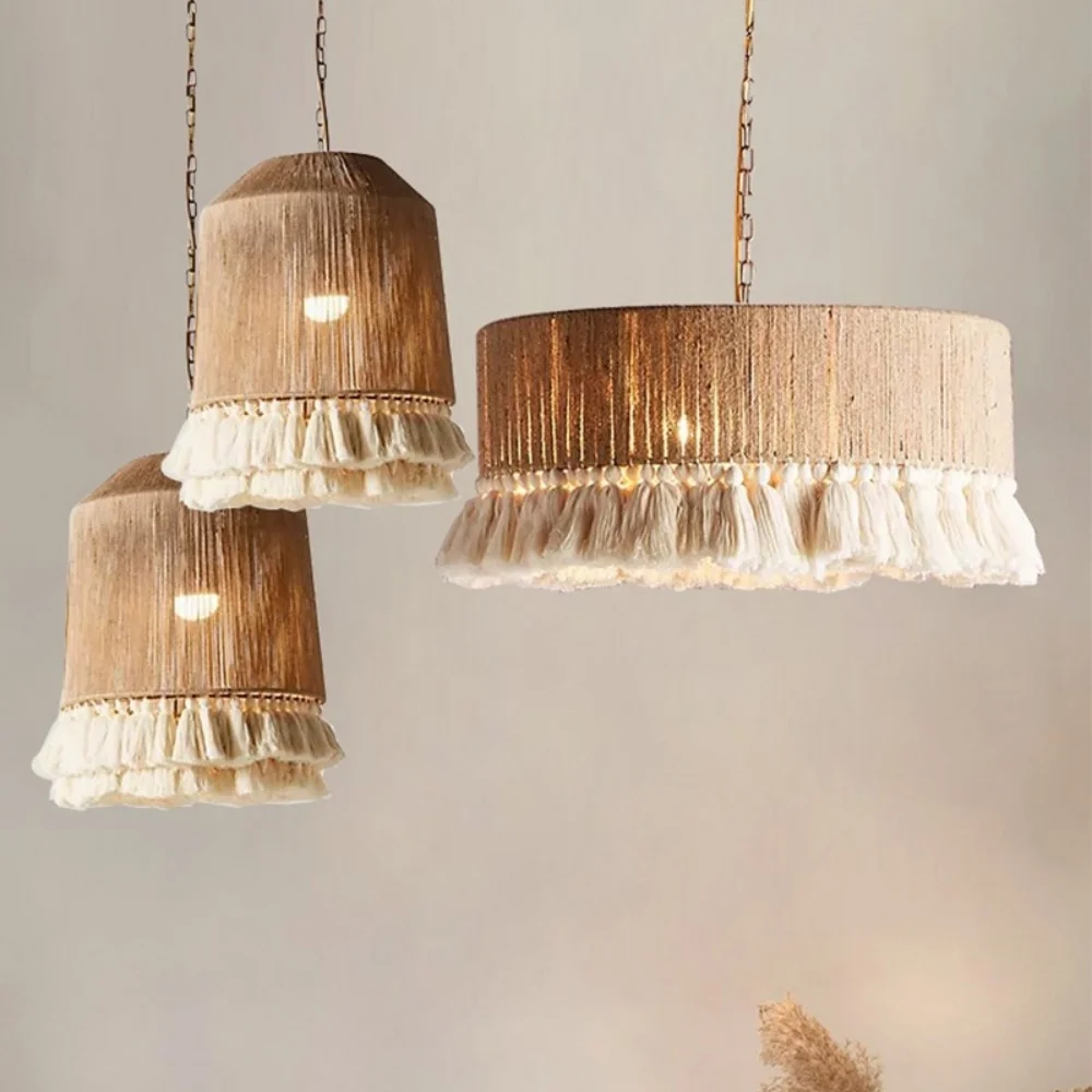 Bohemian Tassels Pendant Lamps Vintage Handmade Weaving Hemp Rope Pendant Light Living Bedroom Decoration Home Chandelier Lamps