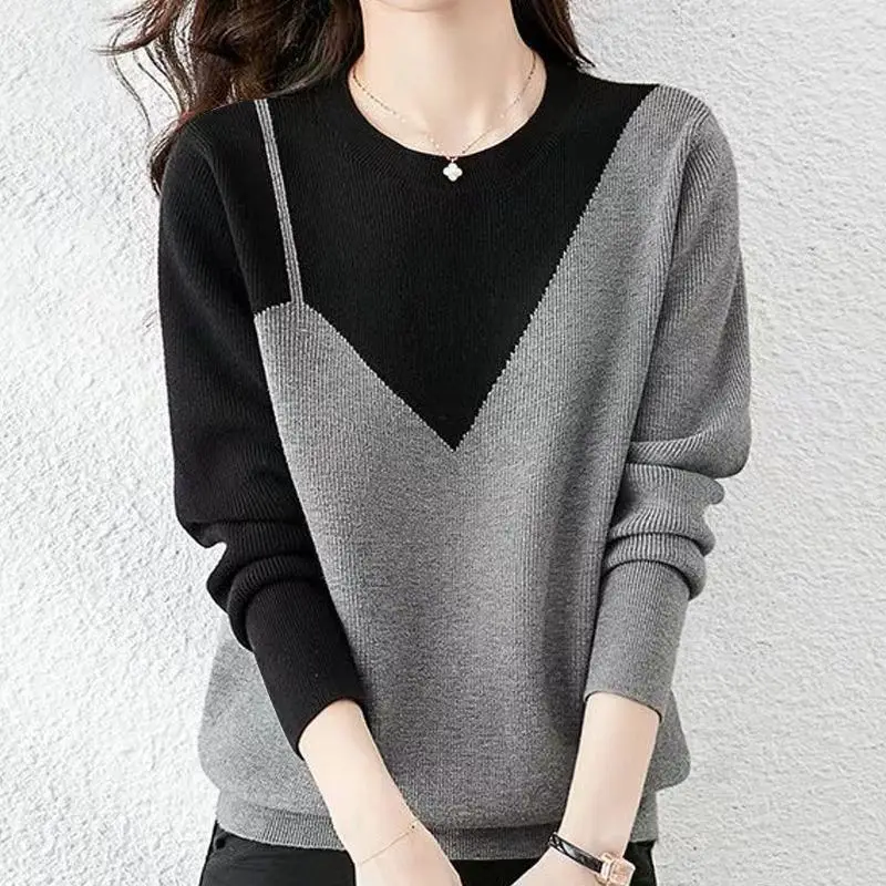 Korean Fashion Autumn/Winter New Sweaters Pullovers Women\'s O-Neck Patchwork Contrast Color Casual All-match Loose Knitted Tops