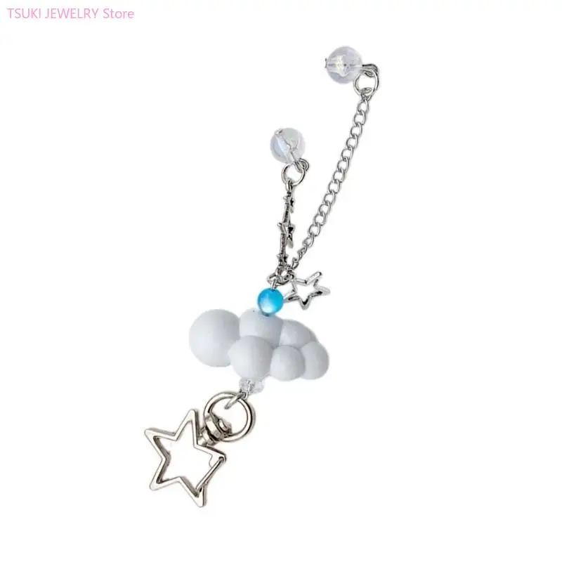 

62KE Resin Beaded Keychain Cloud Star Bead Keyring for Phone Stylish Beaded Bag Charm Colorful Rings Accessory