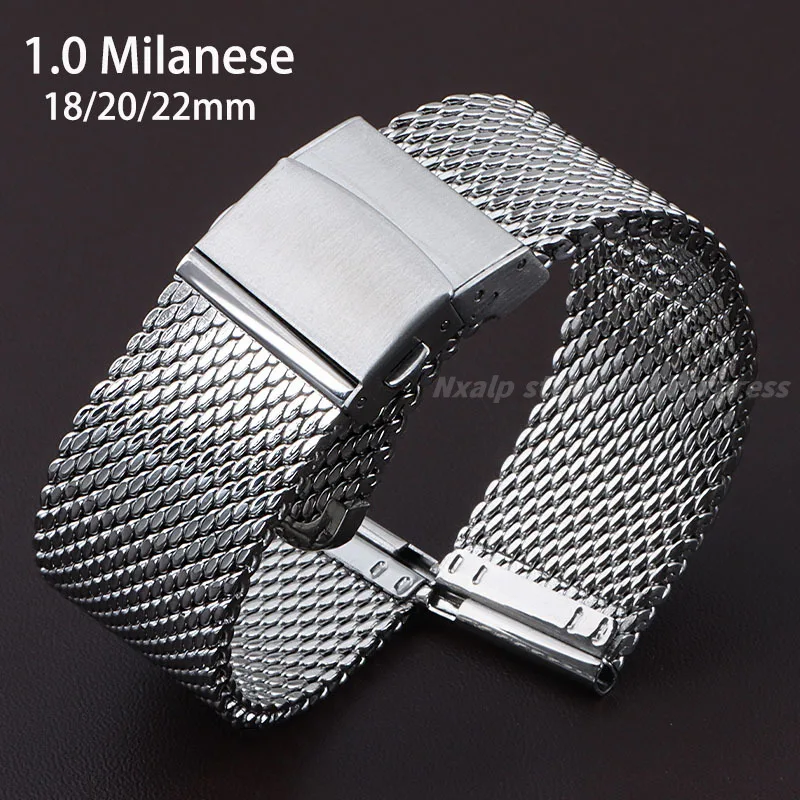 1.0 Milanese Mesh Loop 18mm 20mm 22mm Folding Buckle Watch Band Stainless Steel Strap 3mm Thickness Bracelet Quick Release