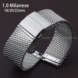 1.0 Milanese Mesh Loop 18mm 20mm 22mm Folding Buckle Watch Band Stainless Steel Strap 3mm Thickness Bracelet Quick Release