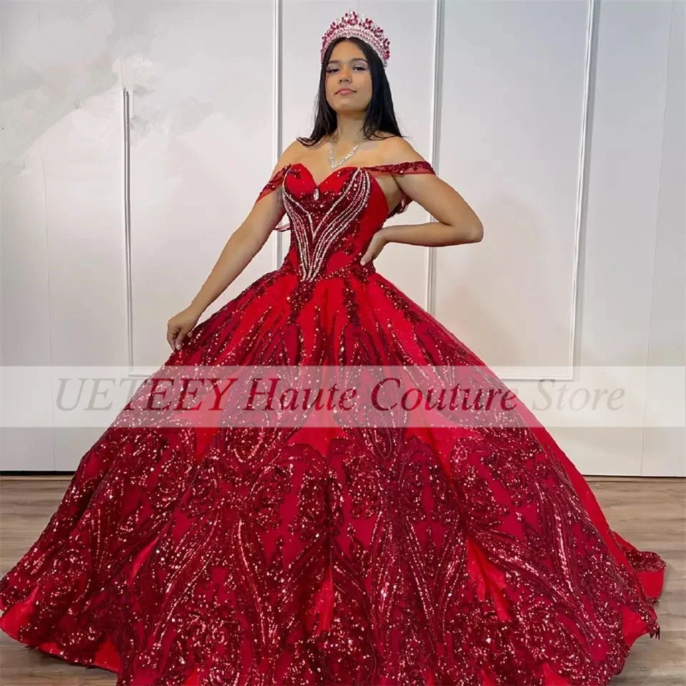 Luxo vermelho quinceanera vestidos miçangas lantejoulas princesa vestido de baile festa de aniversário vestido de baile vestidos de 15 anos personalizado