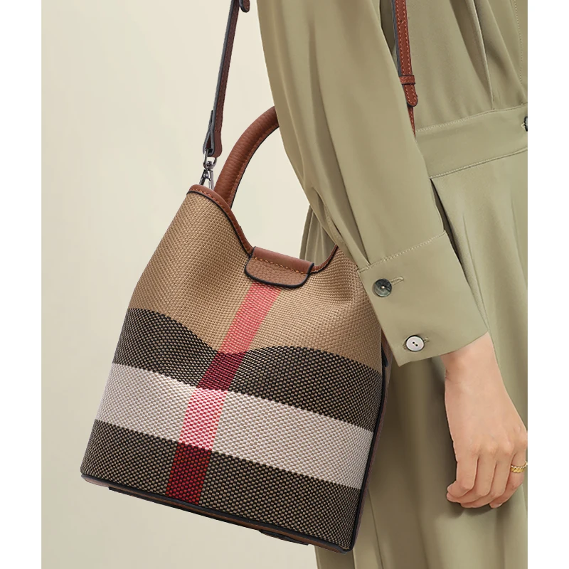 Canvas Cowhide Spliced Plaid Bucket Bag With Mini Coin Purse Adjustable Cross Strap Multi Pocket Ladies Handbag Daily Travel