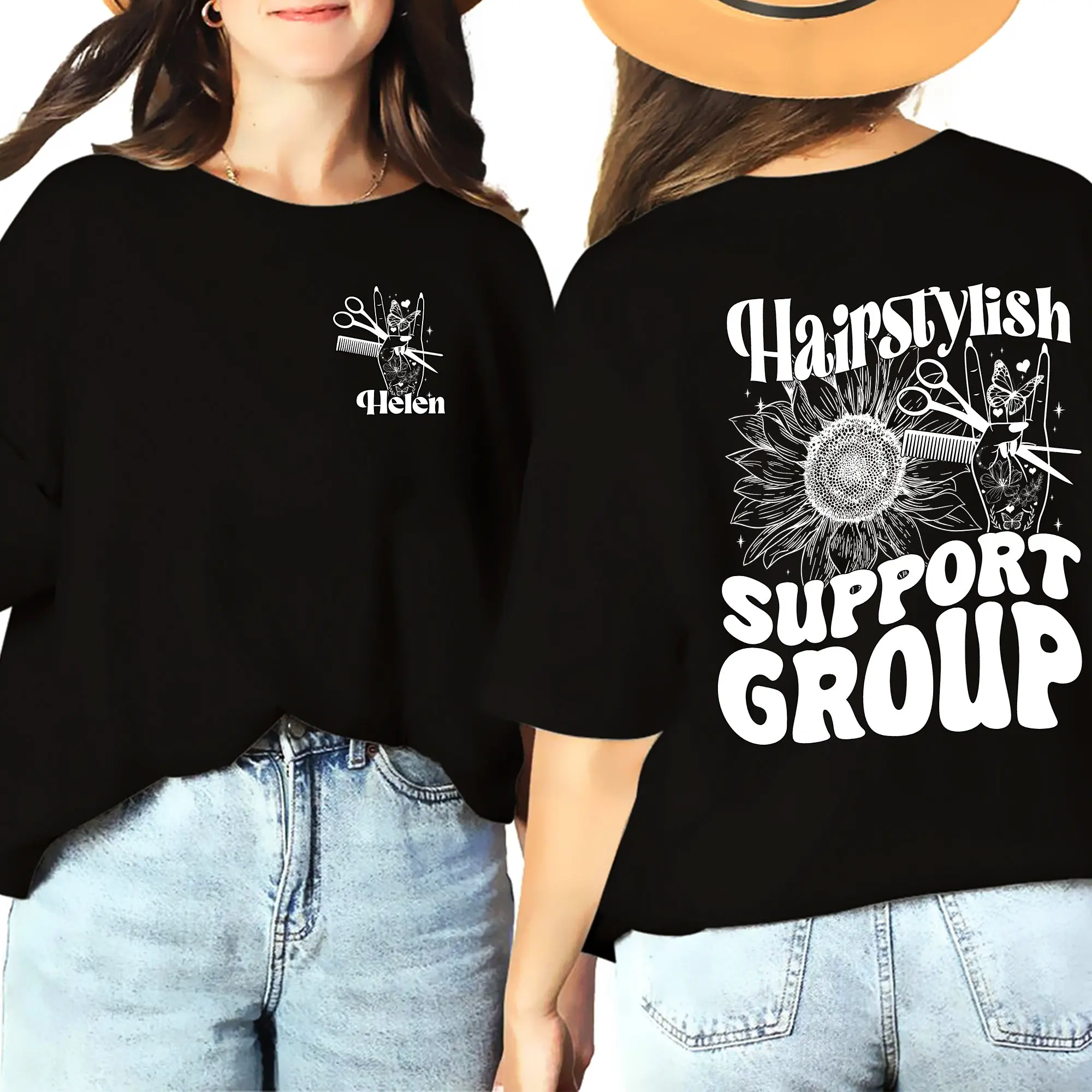 Hairstylist Support Group Slogan Women T-shirt Hair Cutting Tools and Sunflowers Back Print Female Shirt New Trend Summer Tee