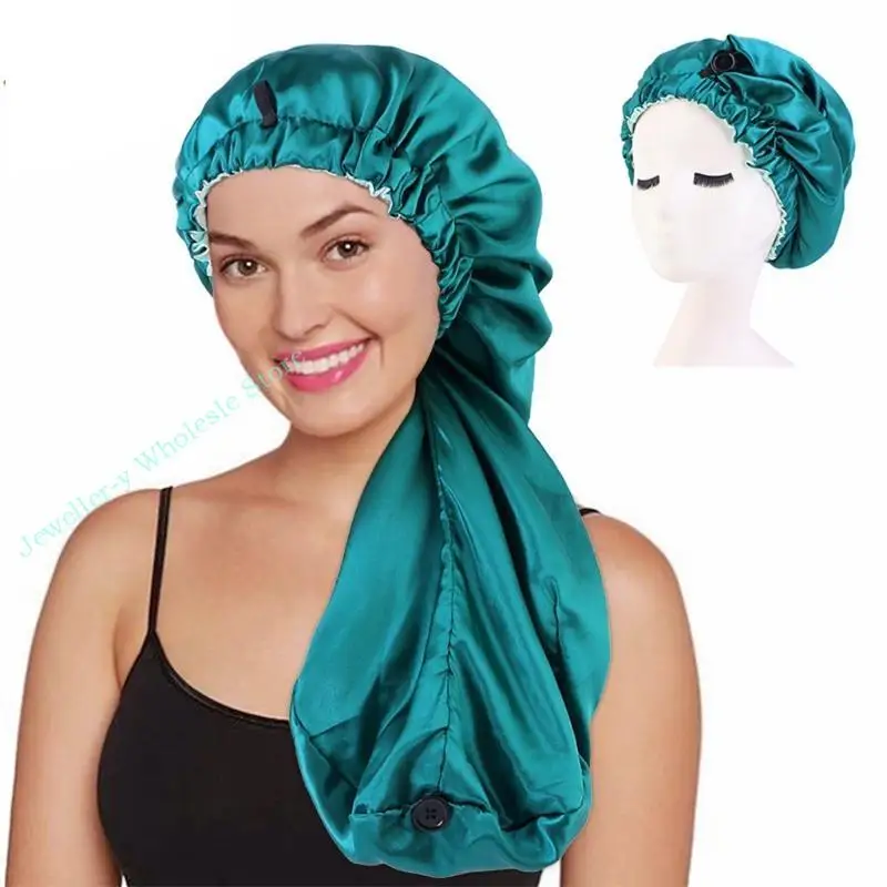 

R7UF Satin Hair Bonnets for Women Elastic Band Silky Sleeping Foldable with Button for Braids Hair Loose