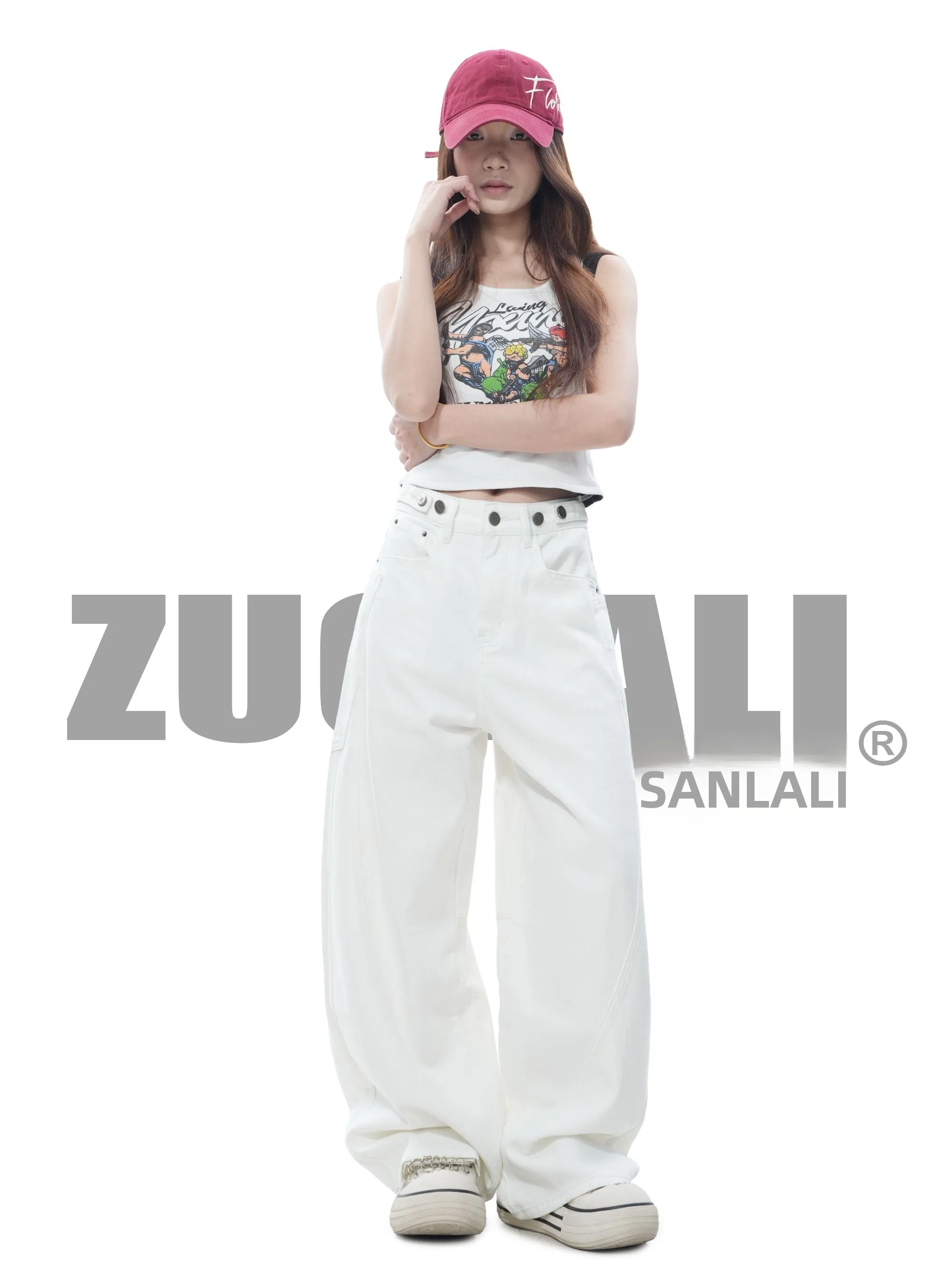 

Adjustable Waist Design High Waist Wide Leg Pants Pearl Series Original Rustic Sle White Women's Jeans Comfortable Cotton M...