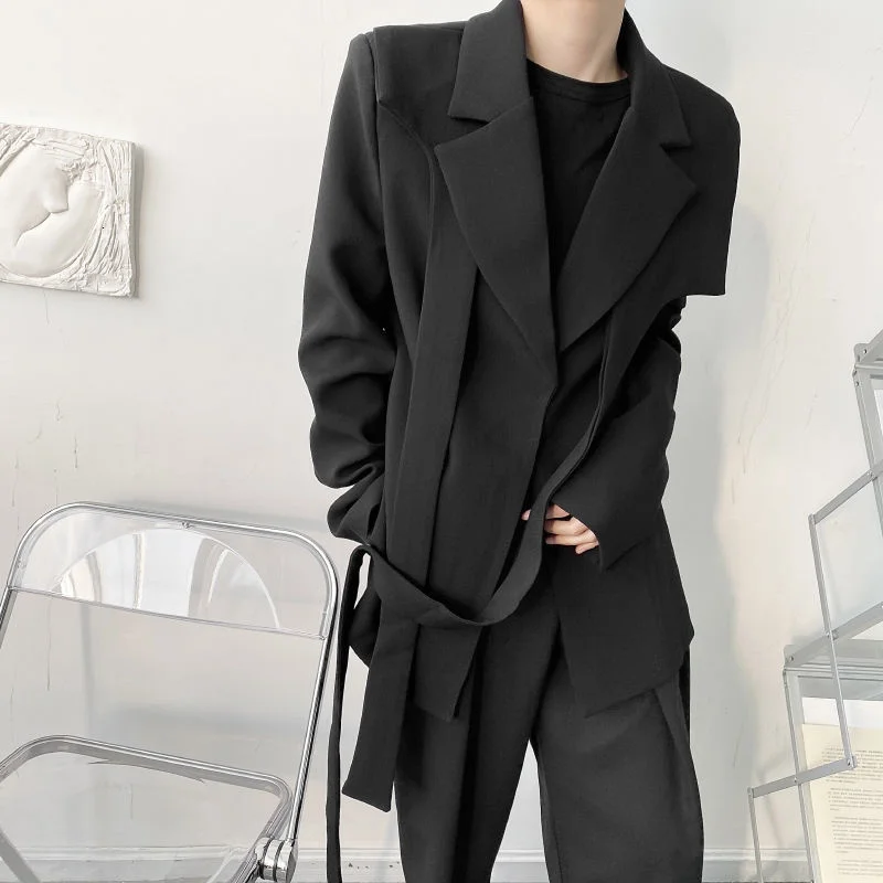 Spring 2022 Men's Wear New Niche Asymmetric Ribbon Design Long Sleeve Suit Coat Men's Black White Japan Streetwear Blazer