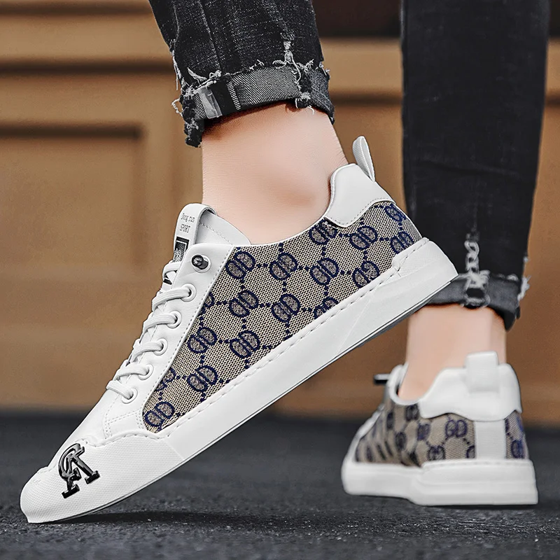 Luxury Brand Men\'s Casual Shoes Urban White Print Sneakers Man Trend Flat Skateboard Shoes Men Designer Vulcanized Sneaker Men