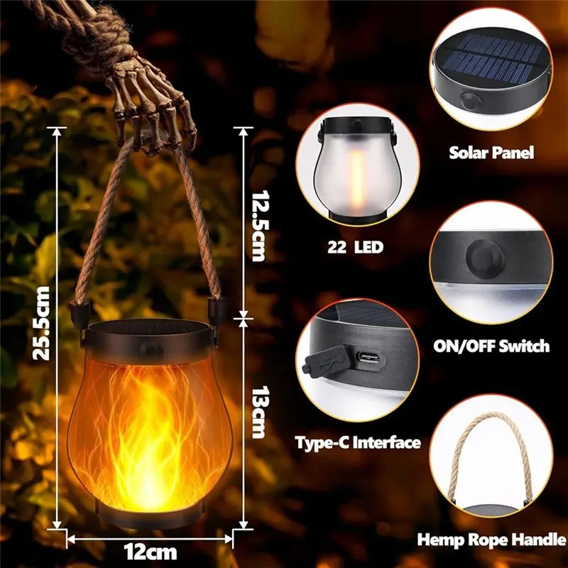 Y50A-Dual Charging Outdoor Lanterns Flickering Flame Garden Lights With USB& Solar Waterproof Design