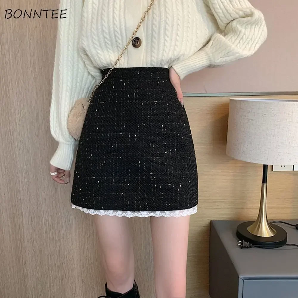 

Skirts Women Autumn Winter New Arrival High Waist Lace Patchwork BF Mini Fashion All-match Bf Temperament Faldas Mujer Classic