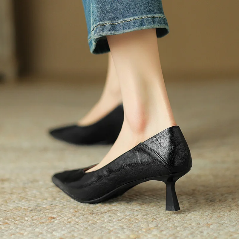 NEW Spring/Autumn Women Pumps Genuine Leather Shoes for Women Pointed Toe Thin Heel Shoes Cocise Black High Heels Stiletto Heels