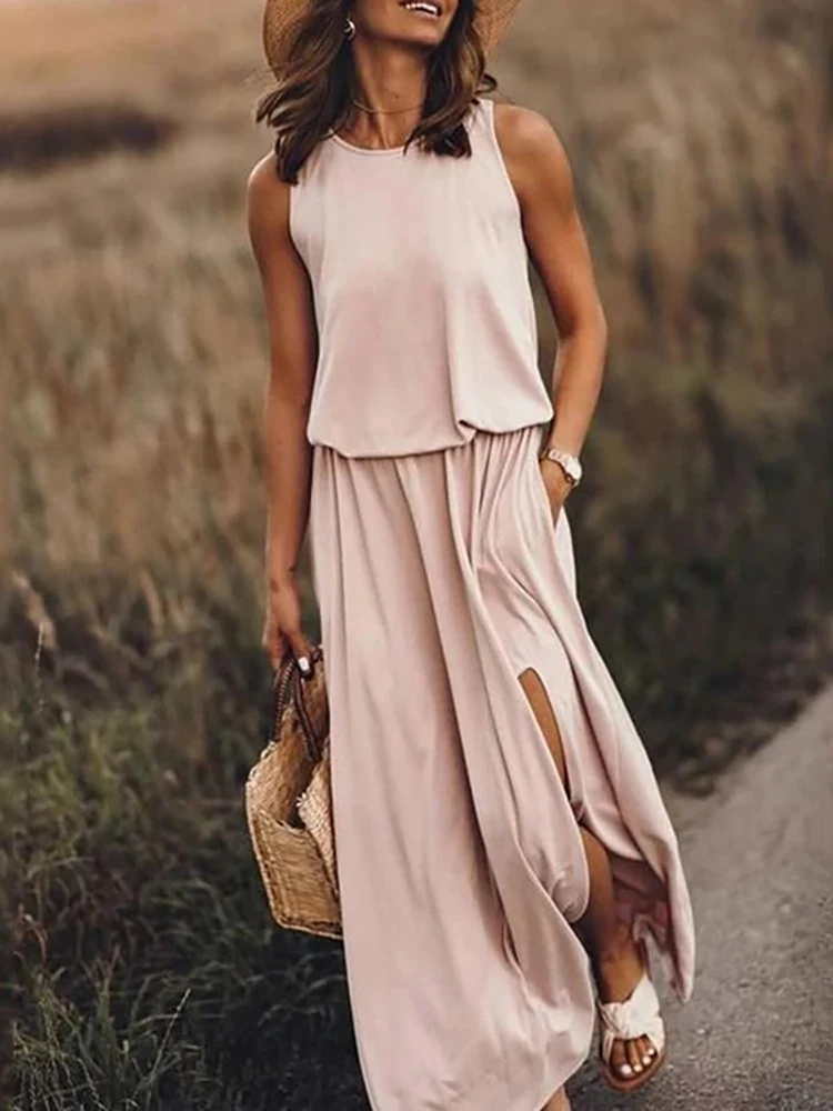 

Summer Casual Dress Women Sleeveless Long Maxi Dress Sexy Side Slit Designer Style Fashion Sundress Female Solid Loose Dress