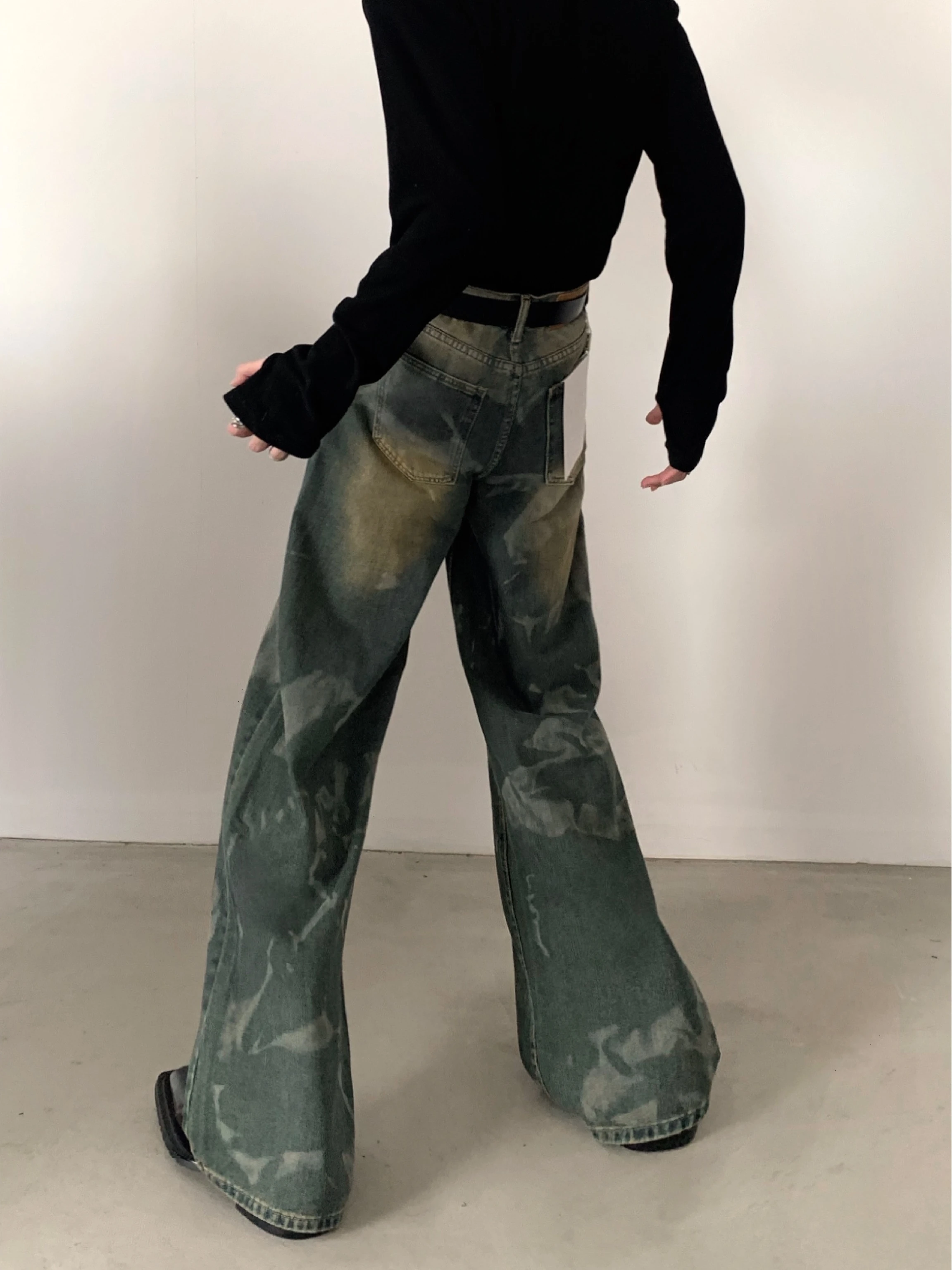 Retro American Denim Jeans Men High Waist Straight Leg Washed Design Sense Pants Asymmetrical Tie Dye Worn Resistant Jeans