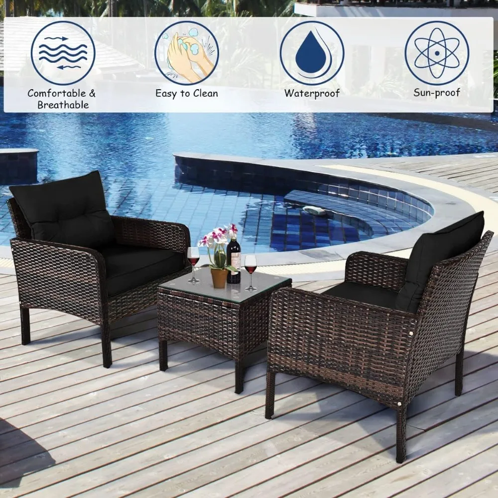 Outdoor Wicker Cushioned Sofa Set with Coffee Table, All Weather Rattan Conversation Set for Garden Balcony