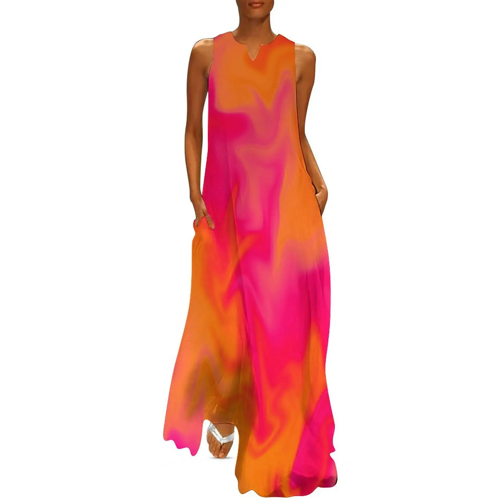 

Pink, Orange, and Red Marble Fusion Design Long Dress Woman clothing Long veiled dresses Women's summer dresses Dress