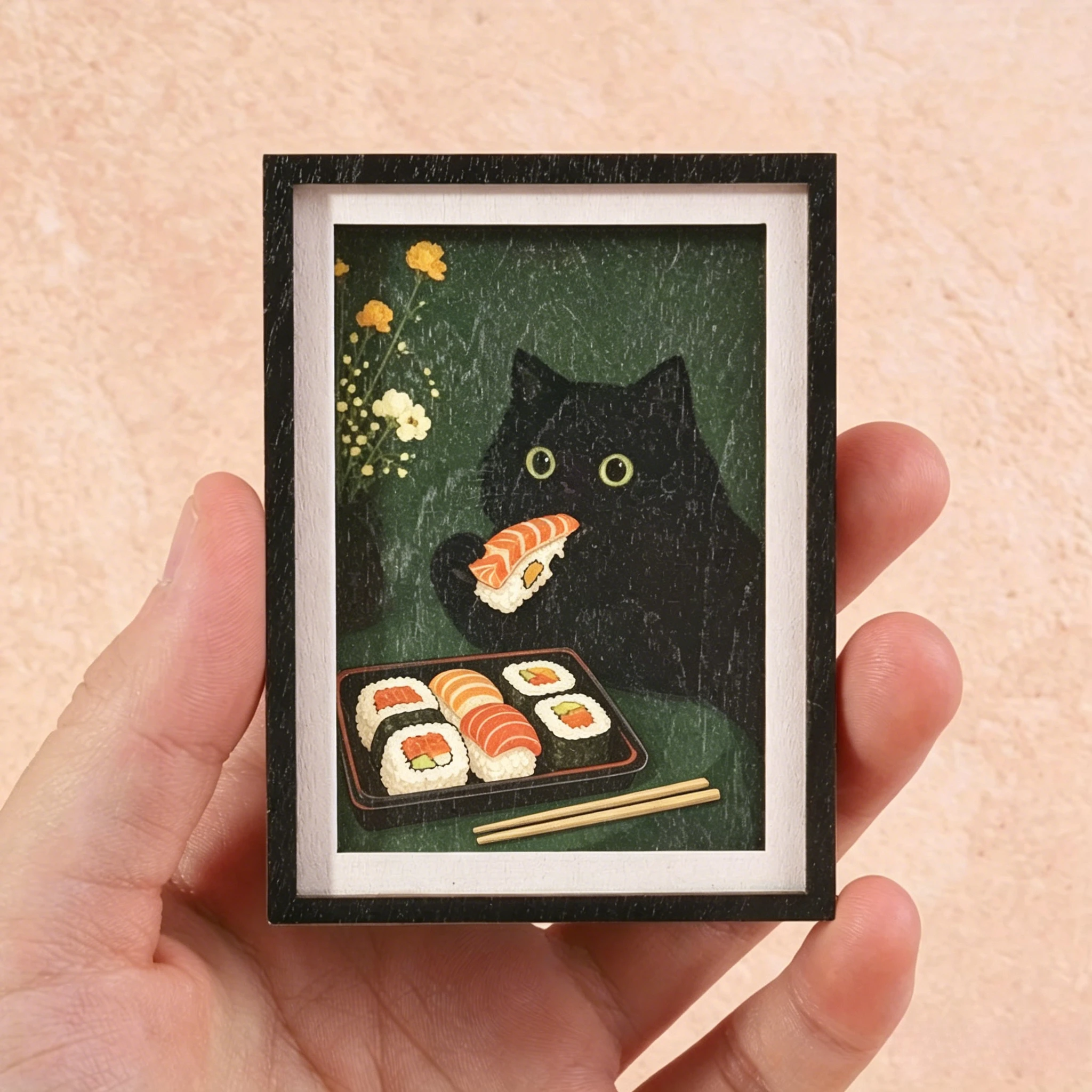 Vintage Holzrahmen-Kühlschrankmagnet, Niedliche Schwarze Katze beim Sushi-Genuss, Kühlschrank-Deko für Küche, Zuhause & Geschenk für Katzenliebhaber – Detail 3