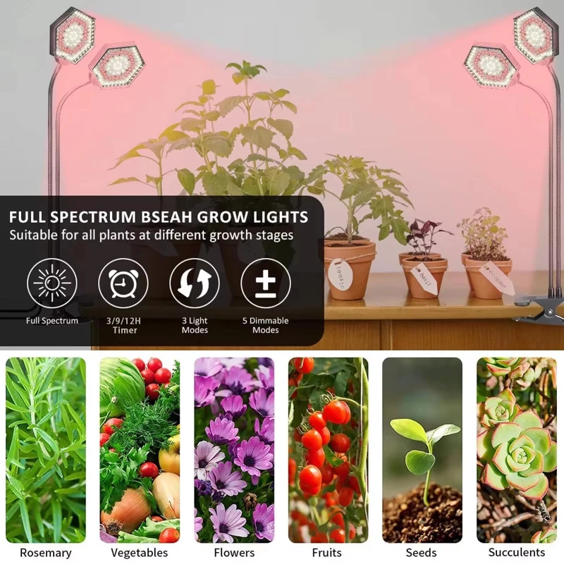 40W Clip-on Plant Growth Double Head Hexagonal Desktop Timed Dimming 2835 Aluminum Red and White Dual Color Light Fast Delivery
