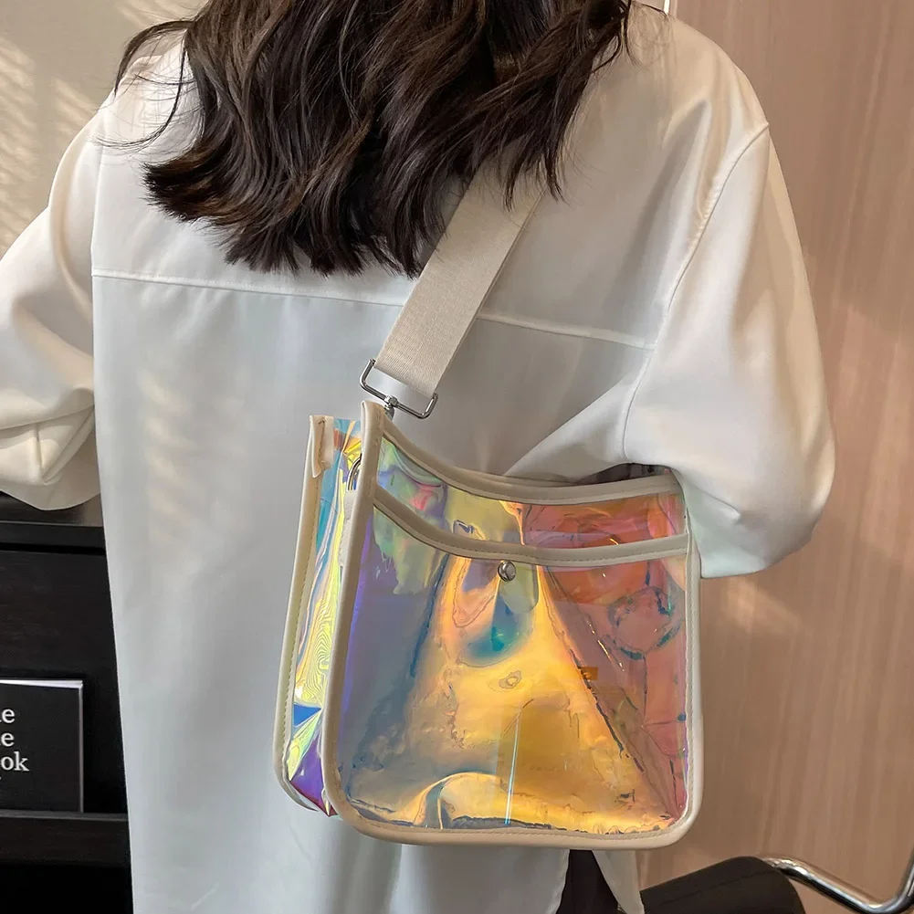 Women Hobo Bag Plastic Laser Transparent Satchel Bags Wide Shoulder Strap Fashion Temperament Versatile for Leisure Travel Work