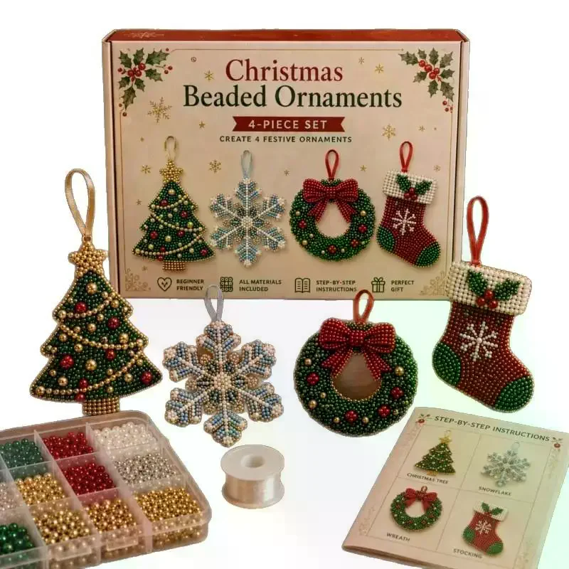 Handmade Xmas Tree Hanging Decor Gift Box DIY Christmas Beaded Ornament Making Kit For Holiday 1 Set
